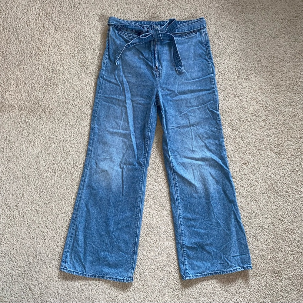 Wide Large High Waist Light Blue Jeans With Denim Tie Belt